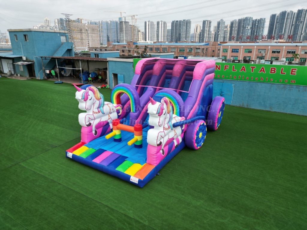 T8-4183 Rainbow Unicorn Carriage Double Inflatable Slide